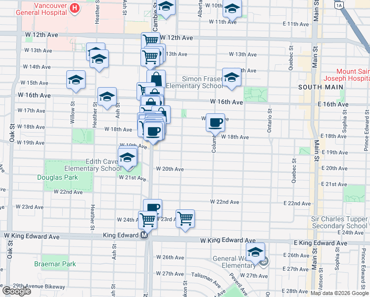 map of restaurants, bars, coffee shops, grocery stores, and more near 3480 Yukon Street in Vancouver