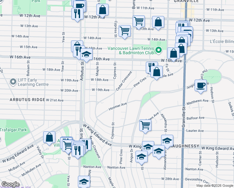 map of restaurants, bars, coffee shops, grocery stores, and more near in Vancouver