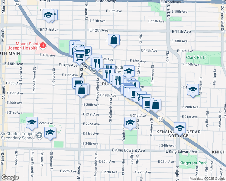 map of restaurants, bars, coffee shops, grocery stores, and more near 3412 Saint Catherines Street in Vancouver