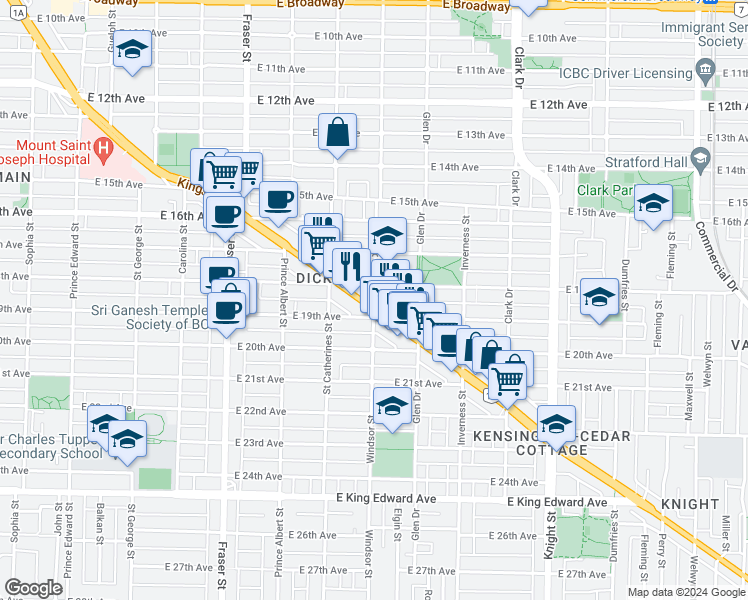 map of restaurants, bars, coffee shops, grocery stores, and more near 1639 Windsor Street in Vancouver