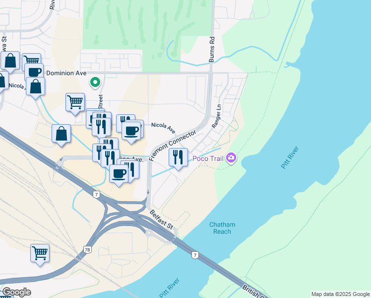 map of restaurants, bars, coffee shops, grocery stores, and more near Nicola Place in Port Coquitlam