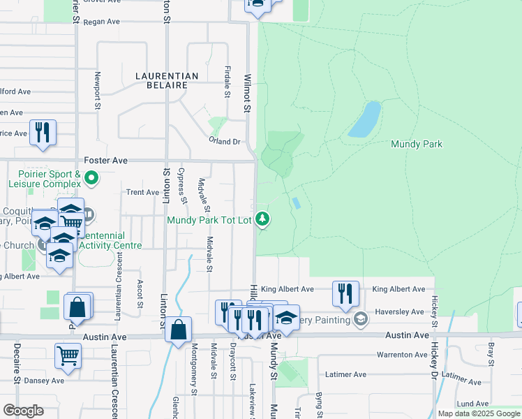 map of restaurants, bars, coffee shops, grocery stores, and more near 629 Hillcrest Street in Coquitlam