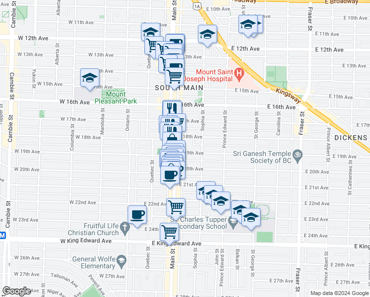 map of restaurants, bars, coffee shops, grocery stores, and more near 225 East 19th Avenue in Vancouver