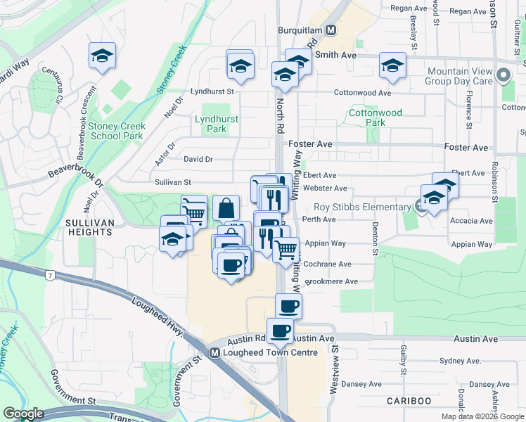 map of restaurants, bars, coffee shops, grocery stores, and more near in Coquitlam
