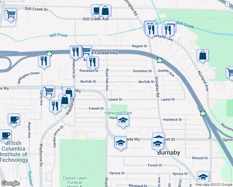 map of restaurants, bars, coffee shops, grocery stores, and more near 5298 Schou Street in Burnaby