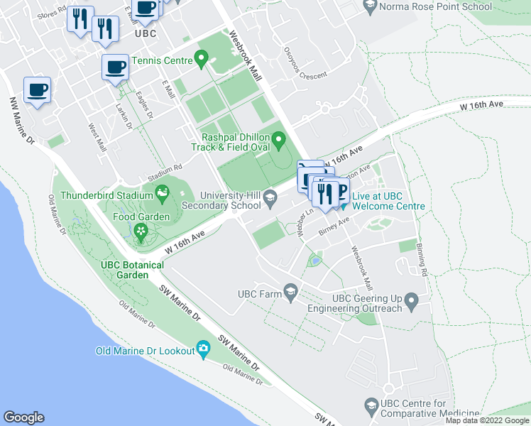map of restaurants, bars, coffee shops, grocery stores, and more near 3250 East Mall in Vancouver