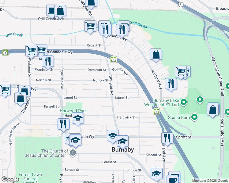 map of restaurants, bars, coffee shops, grocery stores, and more near in Burnaby