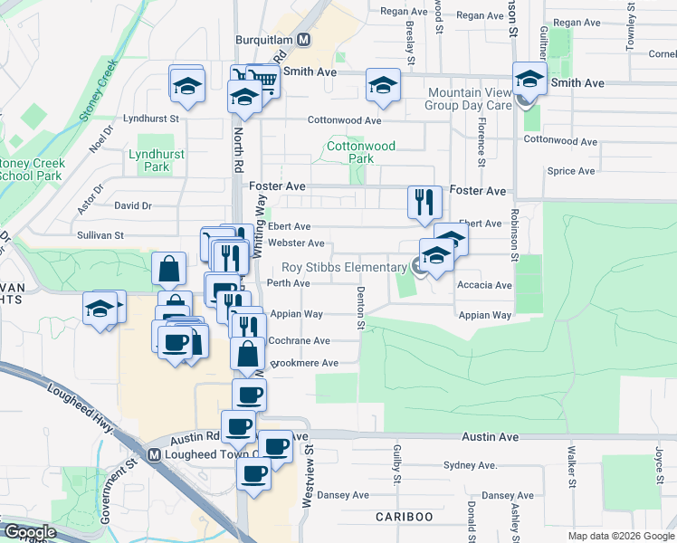 map of restaurants, bars, coffee shops, grocery stores, and more near 605 Victor Street in Coquitlam