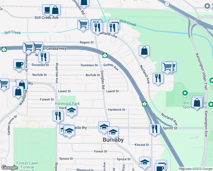 map of restaurants, bars, coffee shops, grocery stores, and more near 3330 Douglas Road in Burnaby