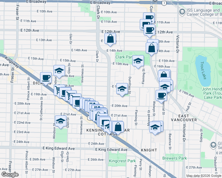map of restaurants, bars, coffee shops, grocery stores, and more near in Vancouver