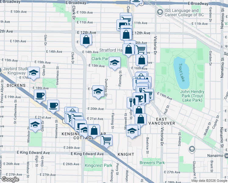 map of restaurants, bars, coffee shops, grocery stores, and more near 3401 Fleming Street in Vancouver