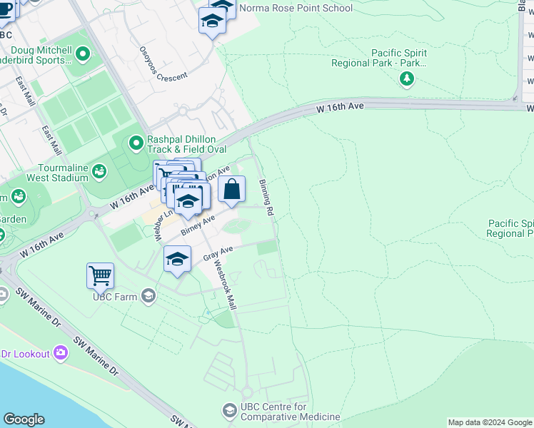 map of restaurants, bars, coffee shops, grocery stores, and more near 5628 Birney Avenue in Vancouver