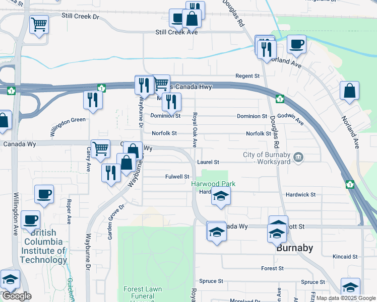 map of restaurants, bars, coffee shops, grocery stores, and more near 4695 Canada Way in Burnaby