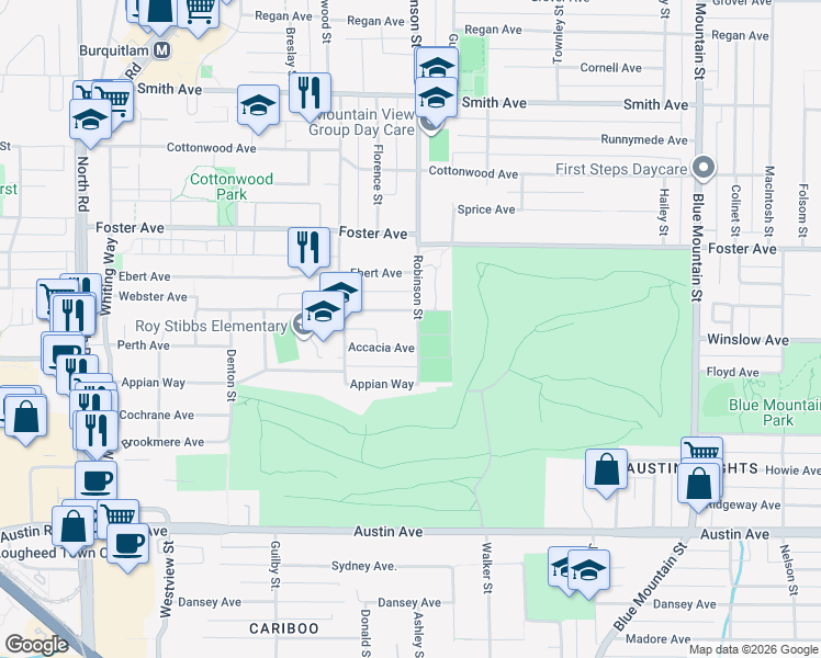 map of restaurants, bars, coffee shops, grocery stores, and more near 610 Robinson Street in Coquitlam