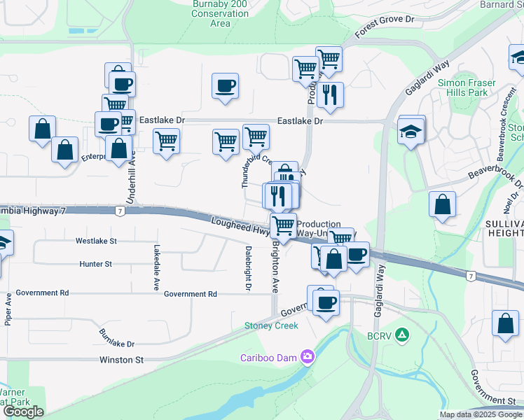 map of restaurants, bars, coffee shops, grocery stores, and more near 3281 Production Way in Burnaby