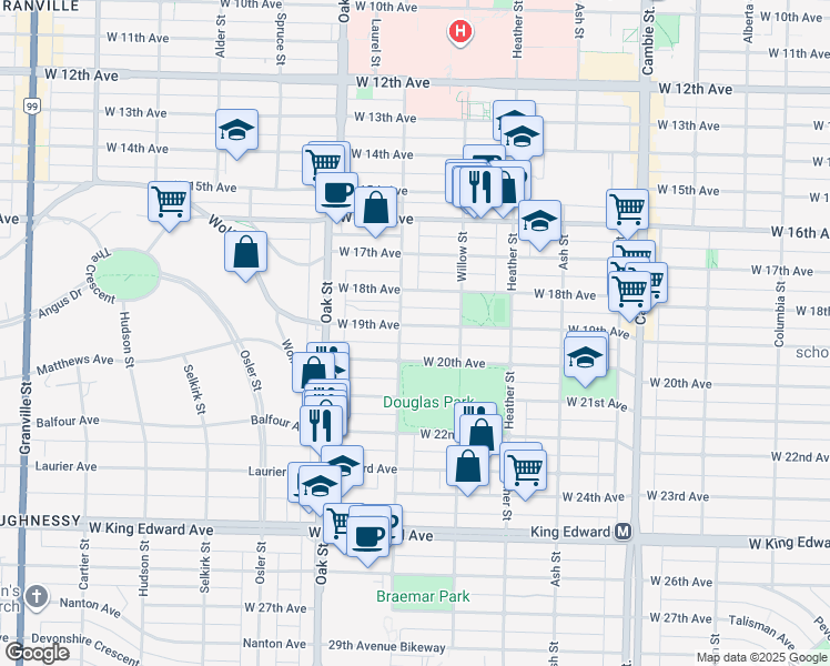 map of restaurants, bars, coffee shops, grocery stores, and more near 876 West 19th Avenue in Vancouver