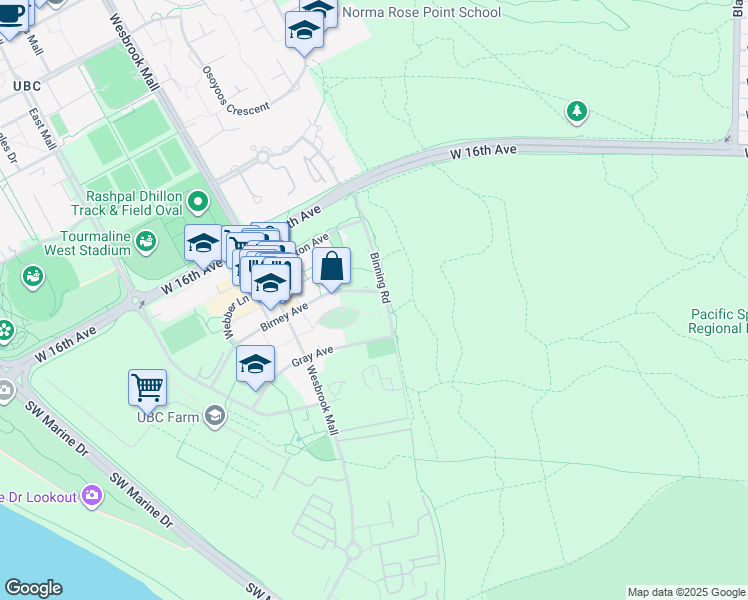 map of restaurants, bars, coffee shops, grocery stores, and more near 5628 Birney Avenue in University Endowment Lands