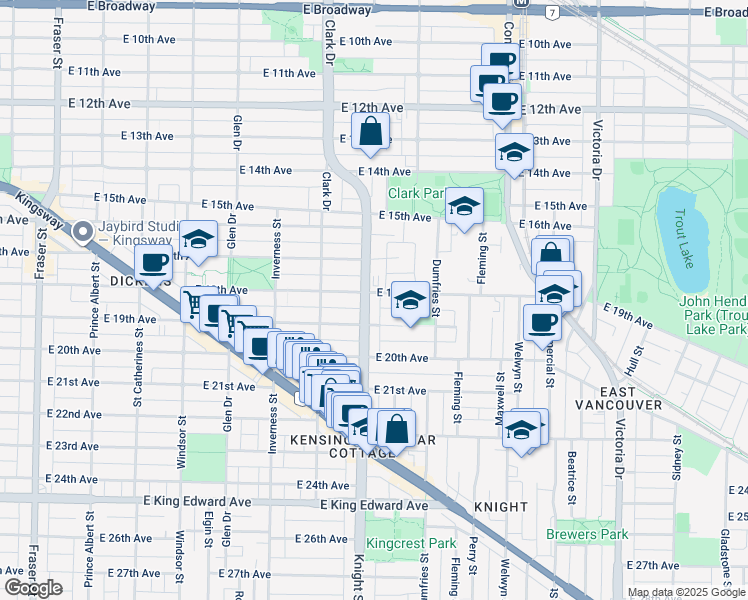 map of restaurants, bars, coffee shops, grocery stores, and more near 3420 Knight Street in Vancouver