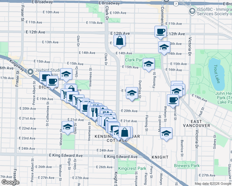 map of restaurants, bars, coffee shops, grocery stores, and more near 3425 Knight Street in Vancouver