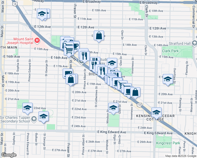 map of restaurants, bars, coffee shops, grocery stores, and more near 3420 Saint Catherines Street in Vancouver