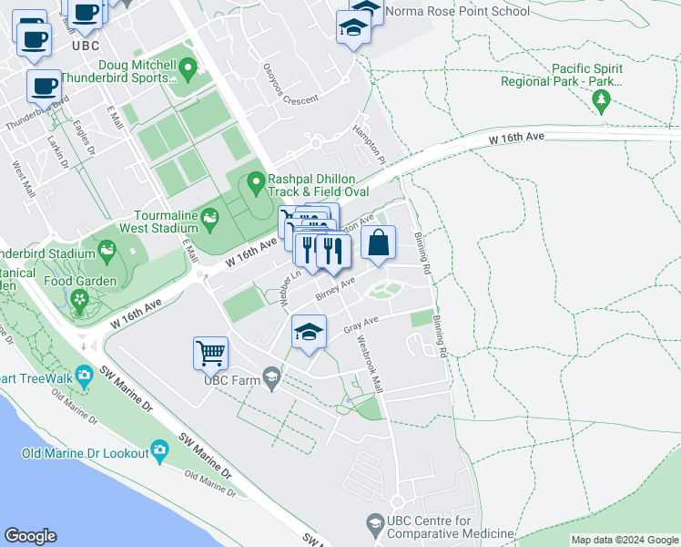 map of restaurants, bars, coffee shops, grocery stores, and more near in Vancouver