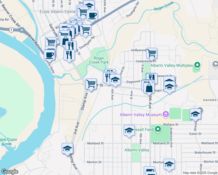 map of restaurants, bars, coffee shops, grocery stores, and more near 4740 Roger Street in Port Alberni