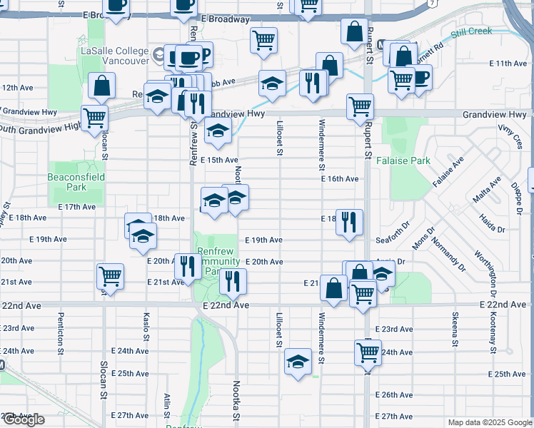 map of restaurants, bars, coffee shops, grocery stores, and more near 3069 East 18th Avenue in Vancouver