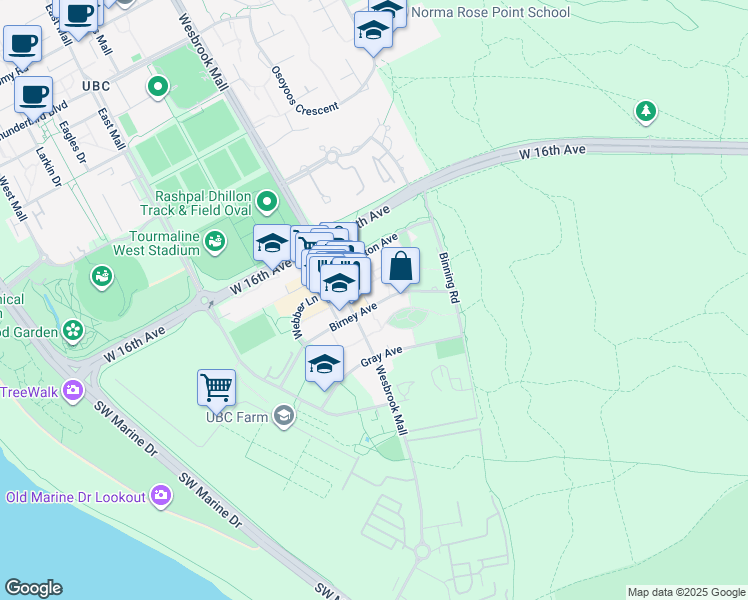 map of restaurants, bars, coffee shops, grocery stores, and more near 5777 Birney Avenue in University Endowment Lands