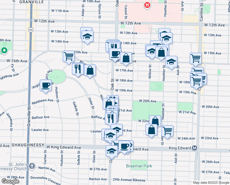 map of restaurants, bars, coffee shops, grocery stores, and more near 998 West 19th Avenue in Vancouver
