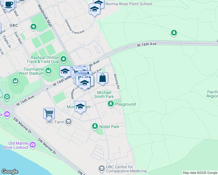 map of restaurants, bars, coffee shops, grocery stores, and more near 5638 Birney Avenue in University Endowment Lands