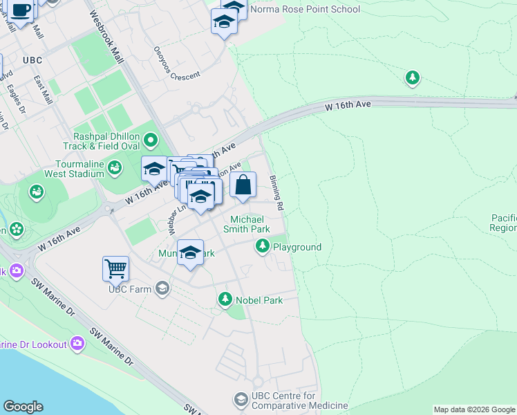 map of restaurants, bars, coffee shops, grocery stores, and more near 5638 Birney Avenue in Vancouver