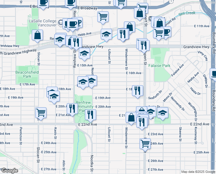 map of restaurants, bars, coffee shops, grocery stores, and more near 3099 East 18th Avenue in Vancouver