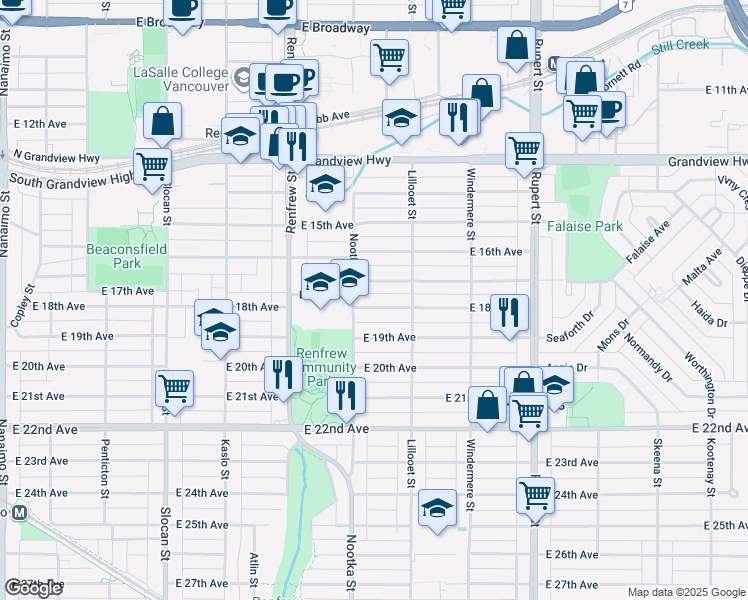map of restaurants, bars, coffee shops, grocery stores, and more near 3039 East 18th Avenue in Vancouver