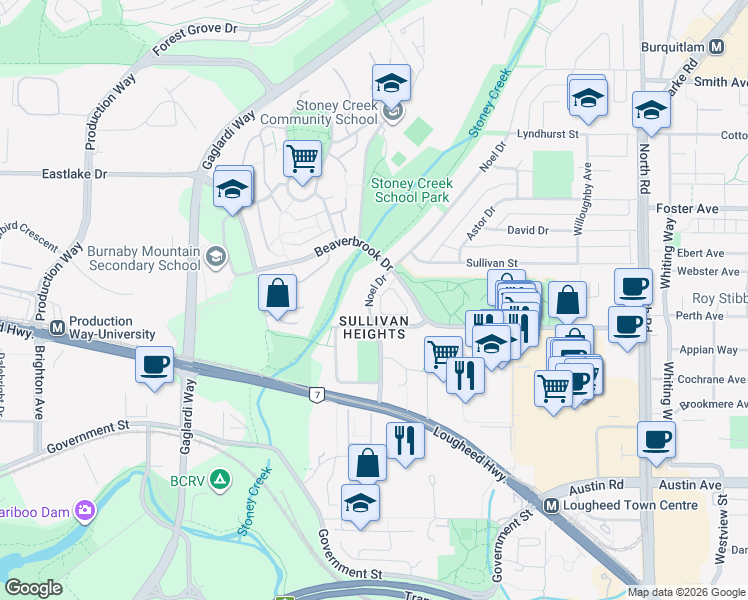 map of restaurants, bars, coffee shops, grocery stores, and more near 3306 Noel Drive in Burnaby