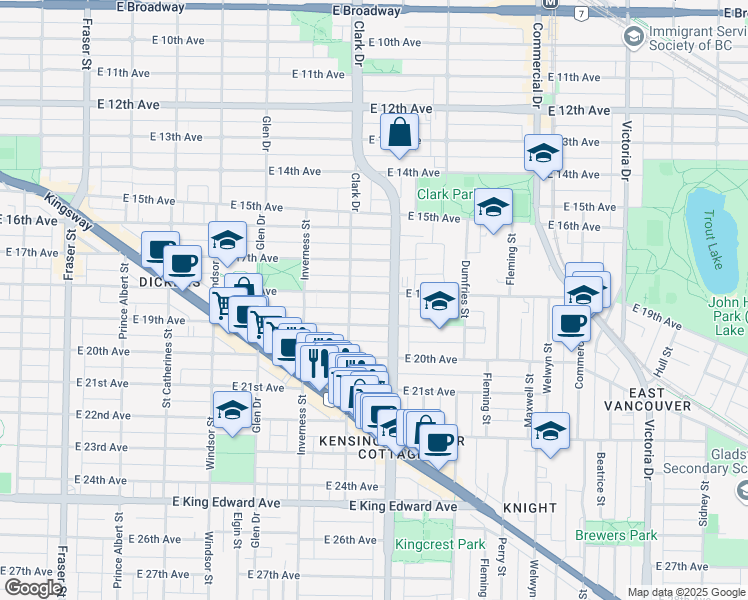 map of restaurants, bars, coffee shops, grocery stores, and more near 1344 East 18th Avenue in Vancouver