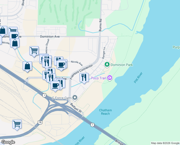 map of restaurants, bars, coffee shops, grocery stores, and more near 2307 Ranger Lane in Port Coquitlam