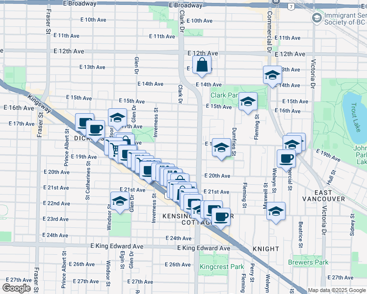 map of restaurants, bars, coffee shops, grocery stores, and more near 1320 East 18th Avenue in Vancouver