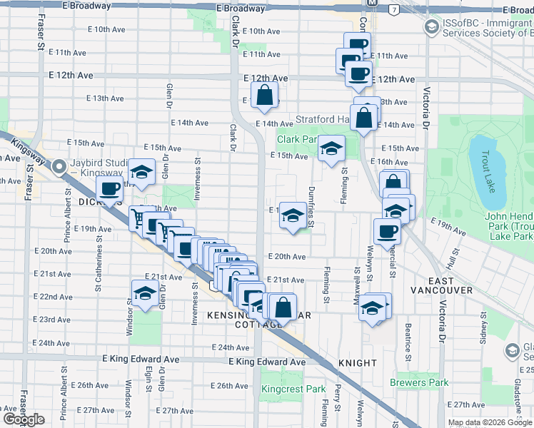 map of restaurants, bars, coffee shops, grocery stores, and more near Knight Street in Vancouver