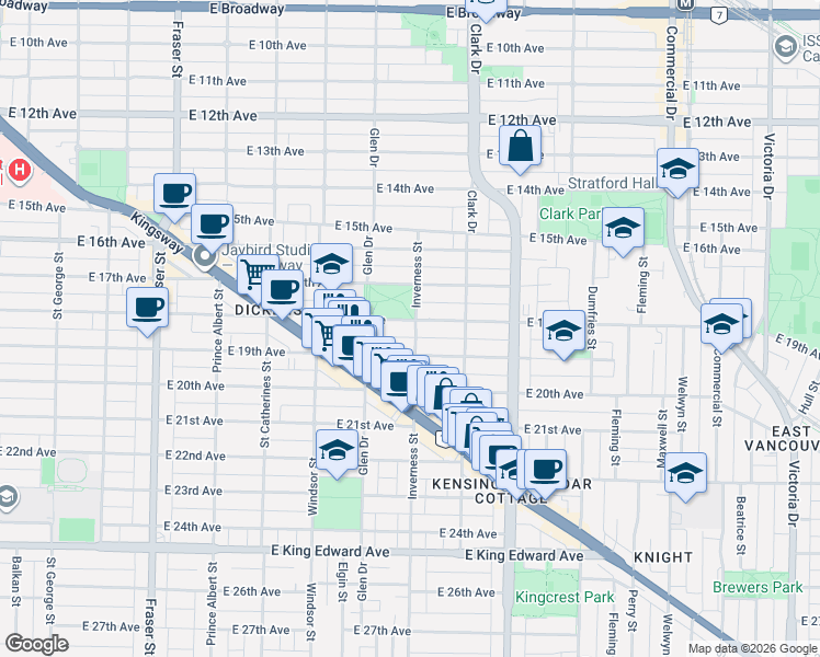 map of restaurants, bars, coffee shops, grocery stores, and more near 1194 East 18th Avenue in Vancouver