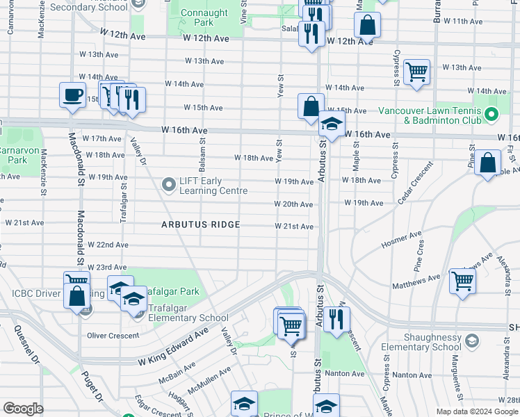 map of restaurants, bars, coffee shops, grocery stores, and more near 2246 West 20th Avenue in Vancouver