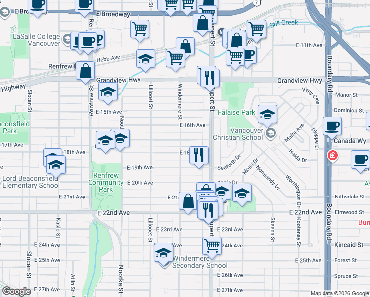 map of restaurants, bars, coffee shops, grocery stores, and more near 3217 East 18th Avenue in Vancouver