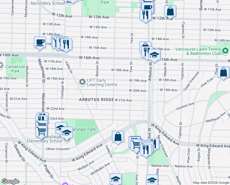 map of restaurants, bars, coffee shops, grocery stores, and more near 2288 West 20th Avenue in Vancouver