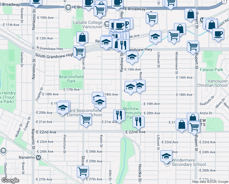 map of restaurants, bars, coffee shops, grocery stores, and more near in Vancouver