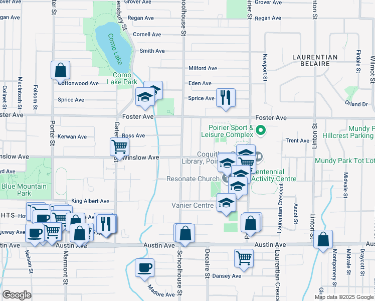 map of restaurants, bars, coffee shops, grocery stores, and more near 607 Schoolhouse Street in Coquitlam