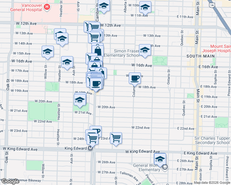 map of restaurants, bars, coffee shops, grocery stores, and more near 3460 Yukon Street in Vancouver