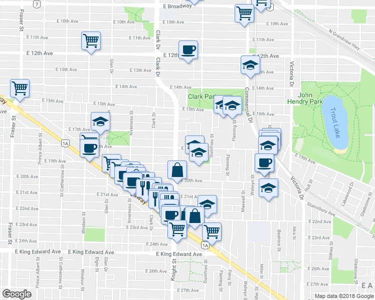 map of restaurants, bars, coffee shops, grocery stores, and more near 1426 East 18th Avenue in Vancouver