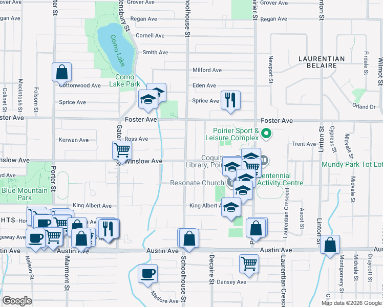 map of restaurants, bars, coffee shops, grocery stores, and more near 607 Schoolhouse Street in Coquitlam