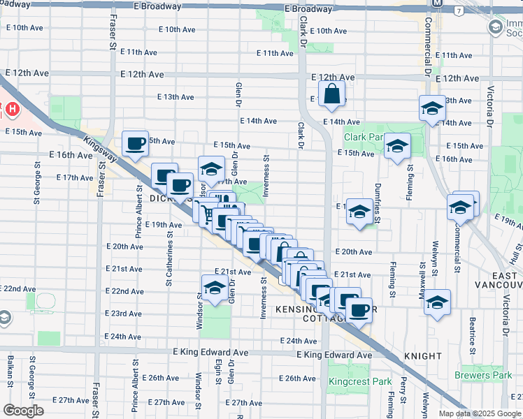 map of restaurants, bars, coffee shops, grocery stores, and more near 1194 East 18th Avenue in Vancouver