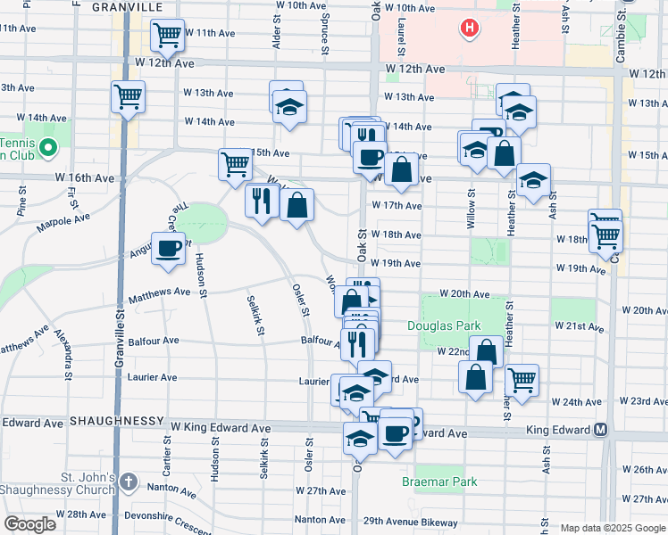 map of restaurants, bars, coffee shops, grocery stores, and more near 1055 Wolfe Avenue in Vancouver