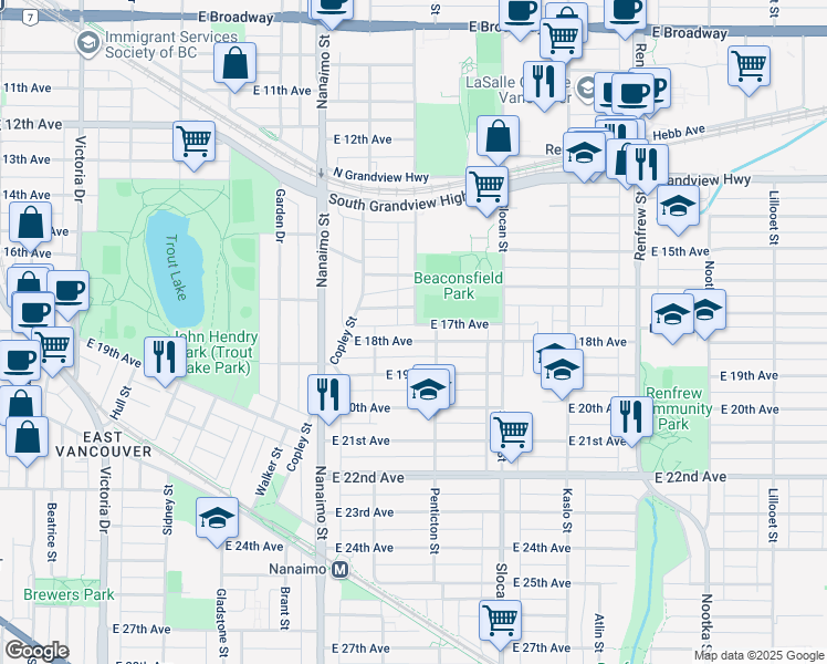 map of restaurants, bars, coffee shops, grocery stores, and more near 2559 East 18th Avenue in Vancouver